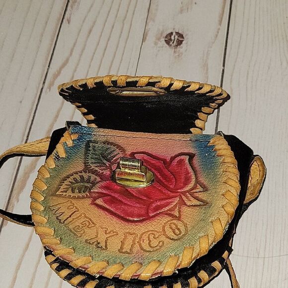VINTAGE 70s Handtooled Mini Rose Leather Handbag Mexico - Picture 5 of 8